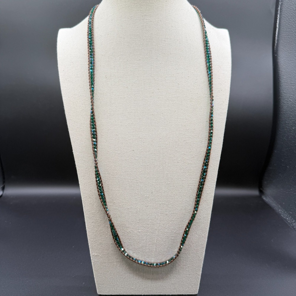 Emerald Green Crystal Beaded Brown Cord Wrap Long Necklace Boho Jewelry Style